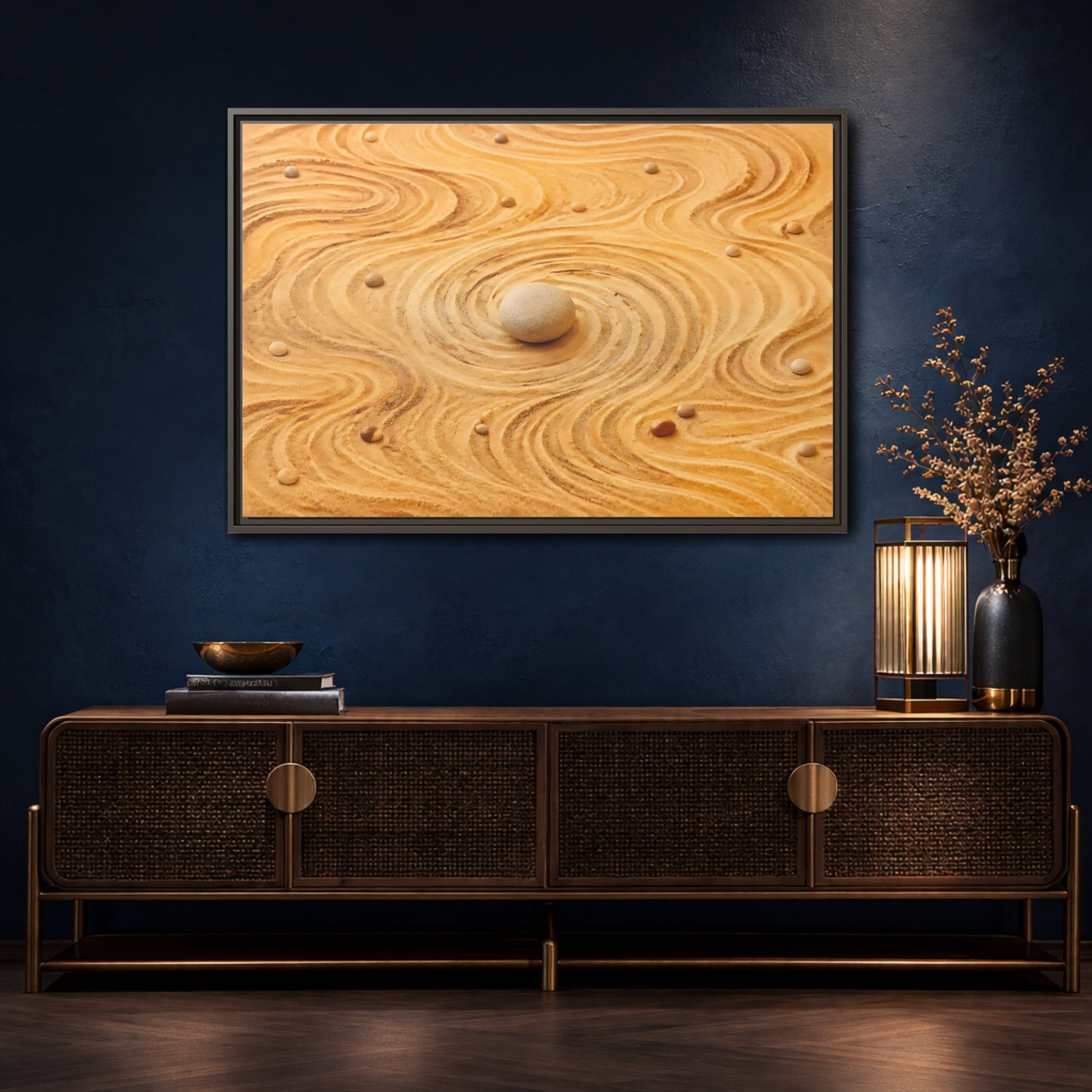 Mockup 4. Abstract Zen Garden Zen Sand Art shown as stretched canvas wall art