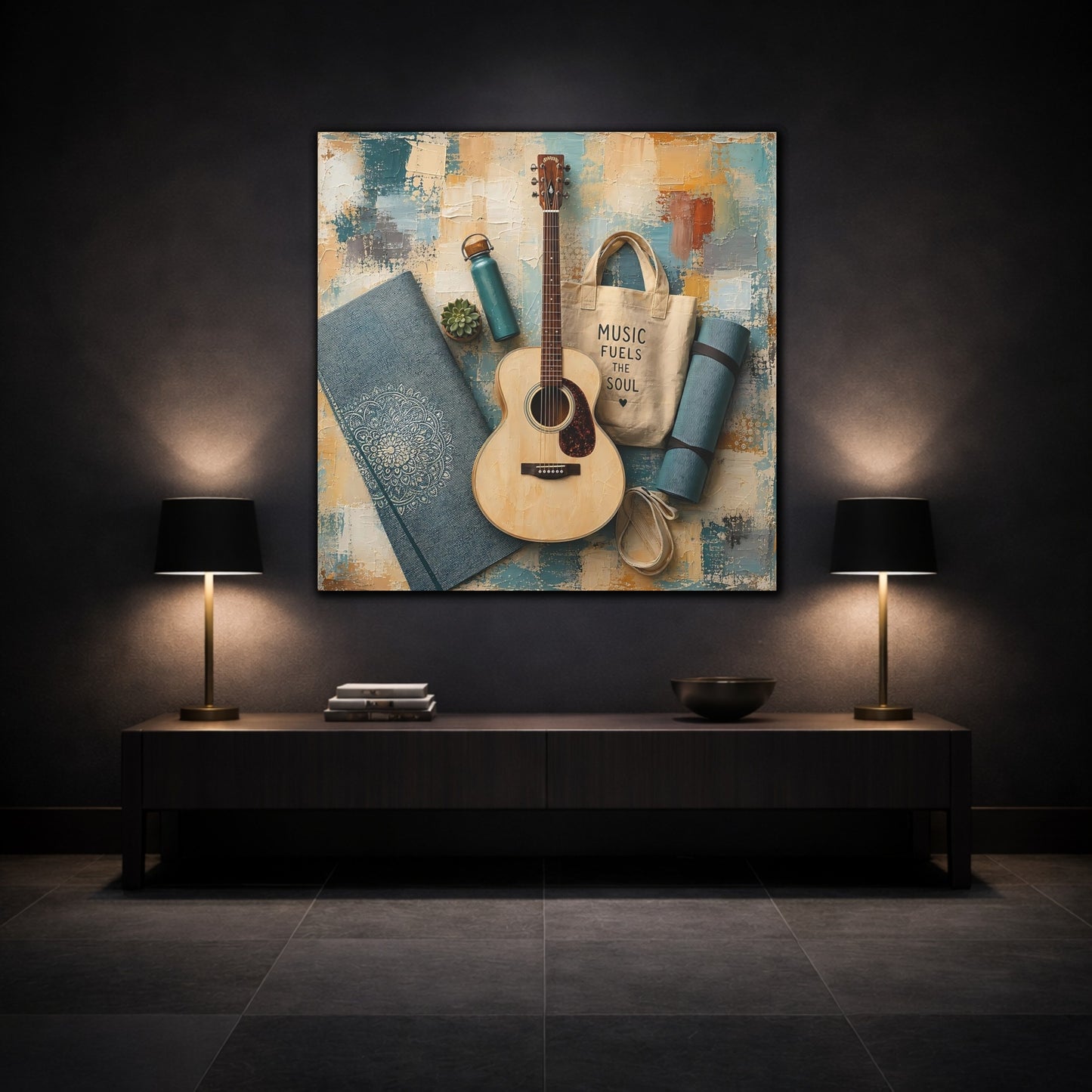 Mockup 3. Acoustic & Yoga Essentials shown as canvas print