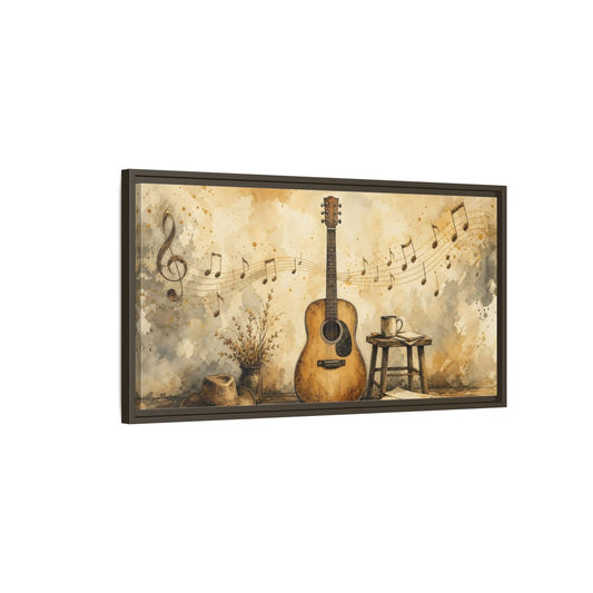 Main Mockup. Acoustic Guitar & Sheet Music shown as framed canvas print