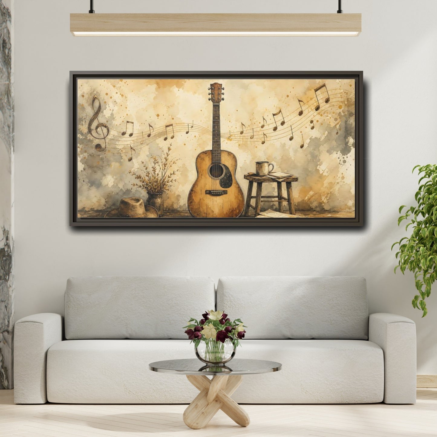 Mockup 2. Acoustic Guitar & Sheet Music shown as framed canvas print