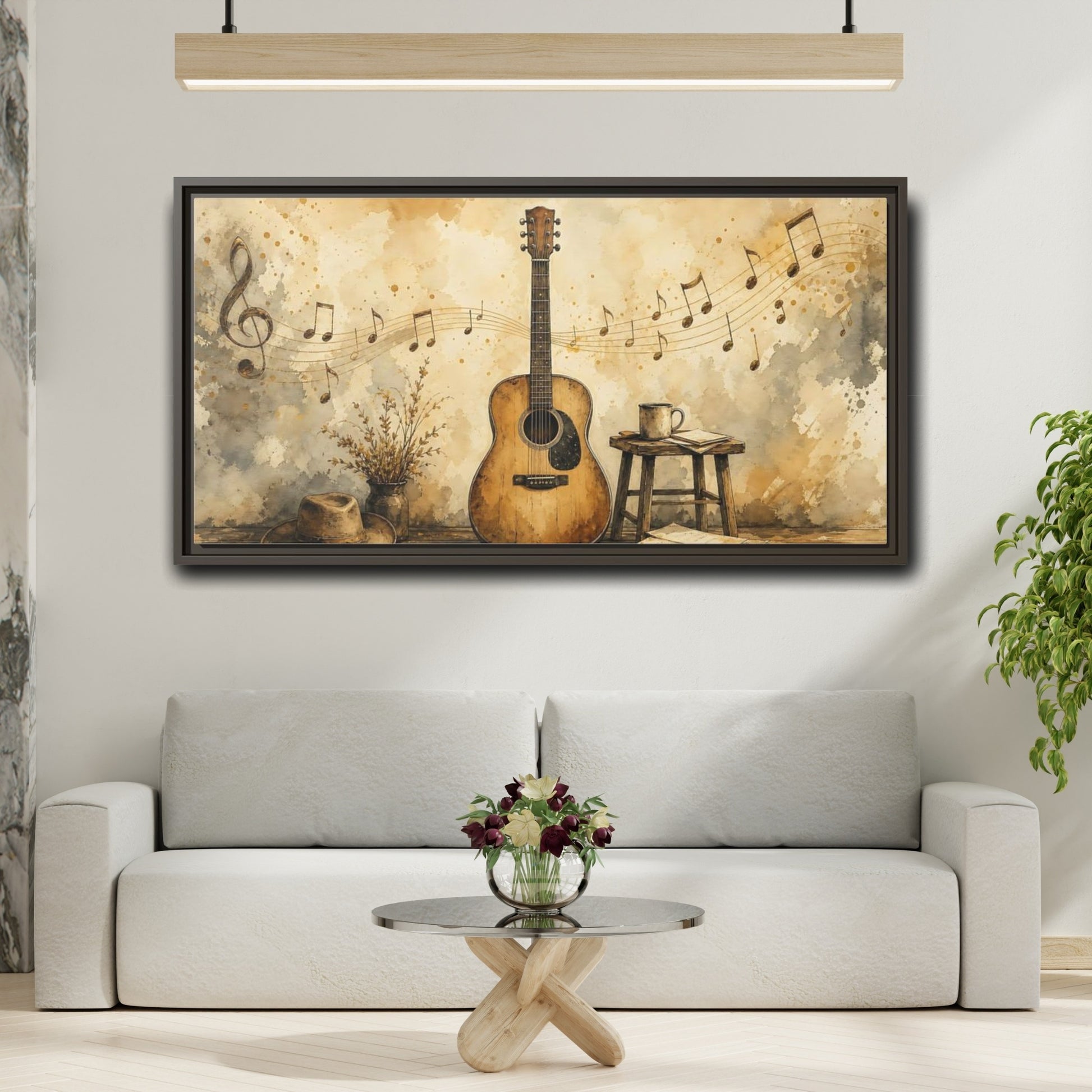 Mockup 2. Acoustic Guitar & Sheet Music shown as framed canvas print