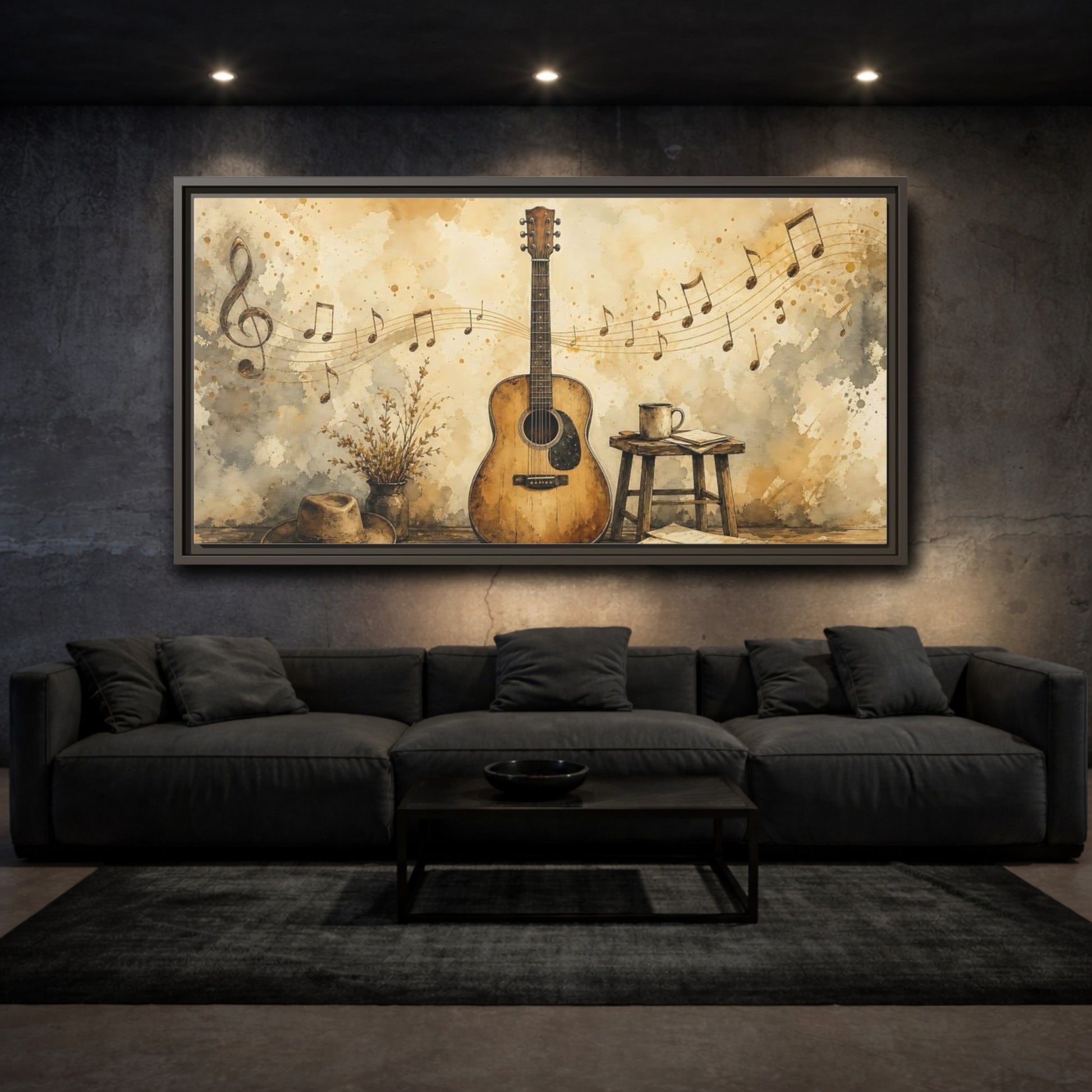 Mockup 3. Acoustic Guitar & Sheet Music shown as framed canvas print