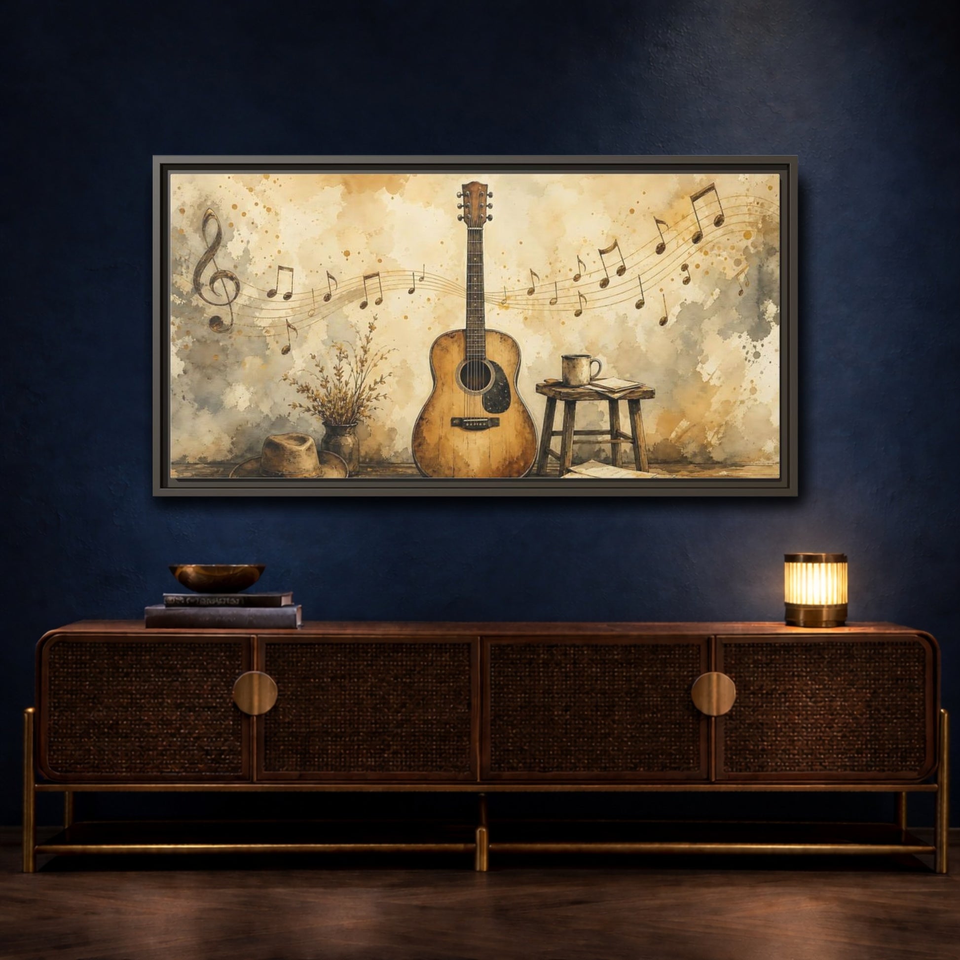 Mockup 4. Acoustic Guitar & Sheet Music shown as framed canvas print