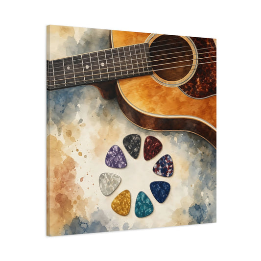 Main Mockup. Acoustic Guitar And Picks shown as canvas print