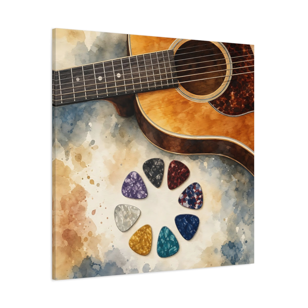 Side Mockup 1. Acoustic Guitar And Picks shown as canvas print