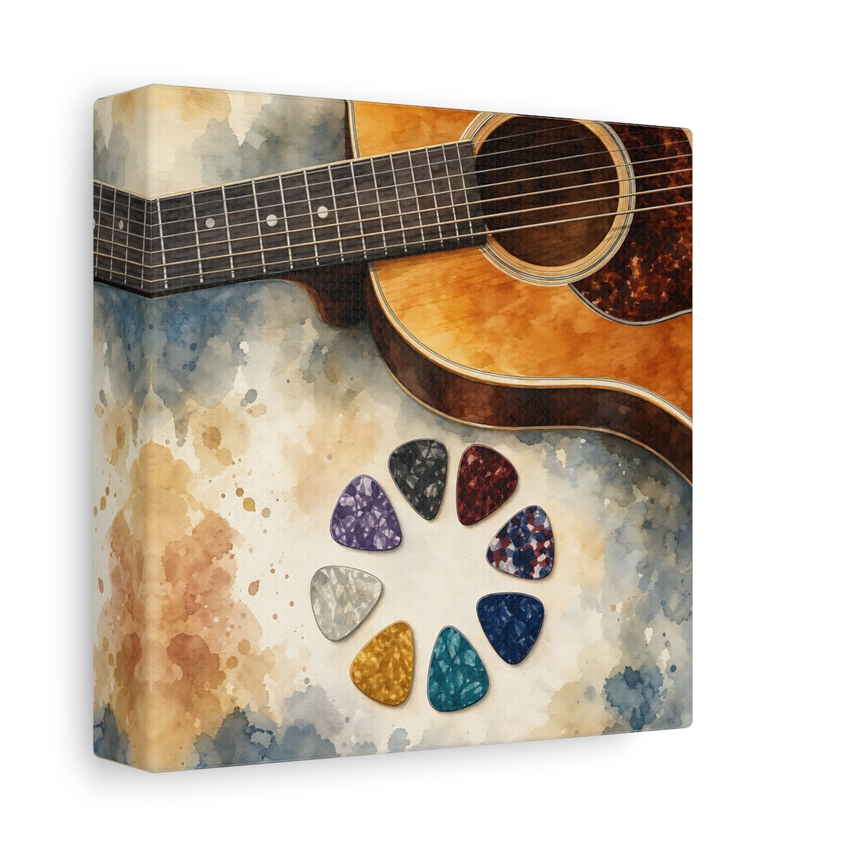 Side Mockup 2. Acoustic Guitar And Picks shown as canvas print