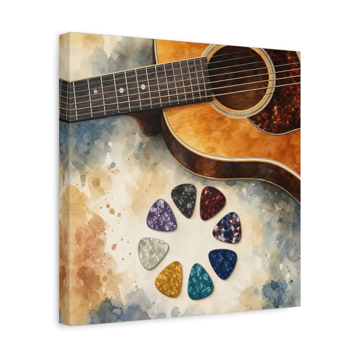 Side Mockup 7. Acoustic Guitar And Picks shown as canvas print