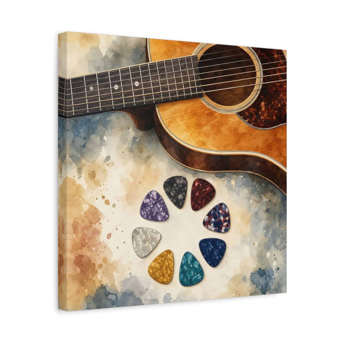 Side Mockup 6. Acoustic Guitar And Picks shown as canvas print