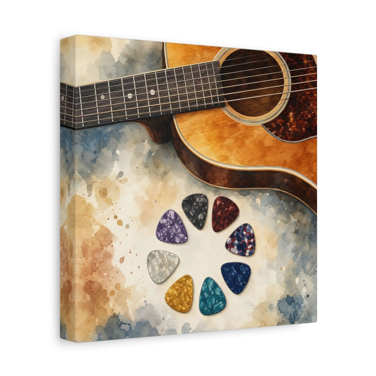 Side Mockup 9. Acoustic Guitar And Picks shown as canvas print