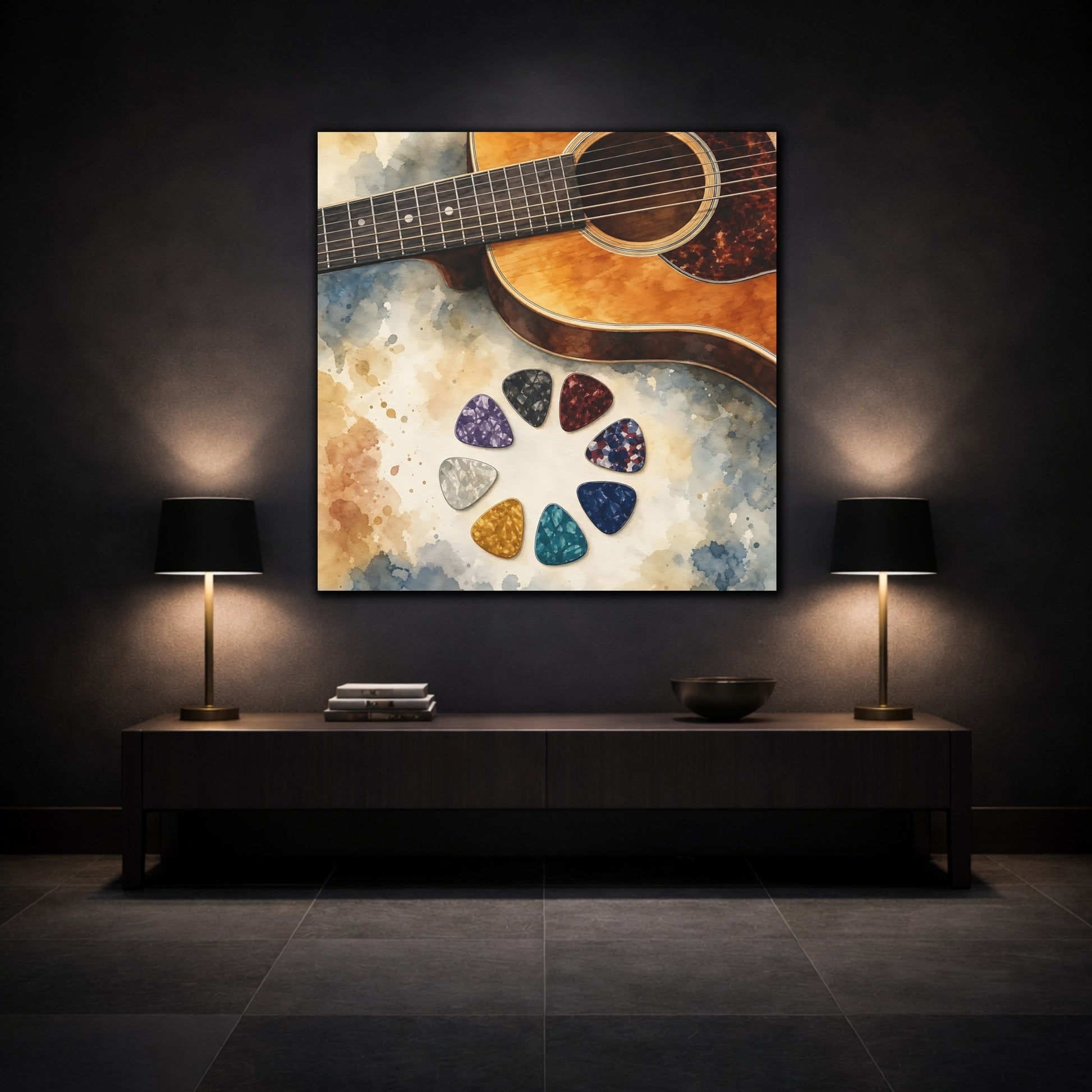 Mockup 3. Acoustic Guitar And Picks shown as canvas print