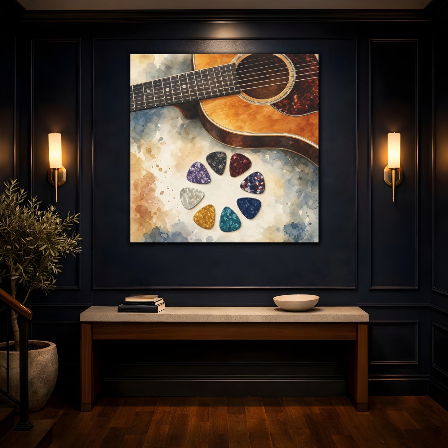 Mockup 4. Acoustic Guitar And Picks shown as canvas print