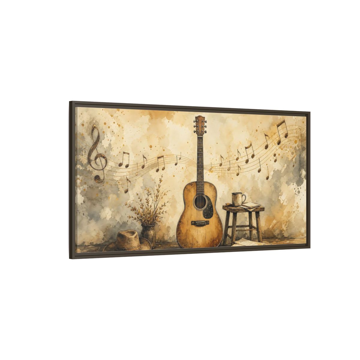 Side Mockup 4. Acoustic Guitar & Sheet Music shown as framed canvas print