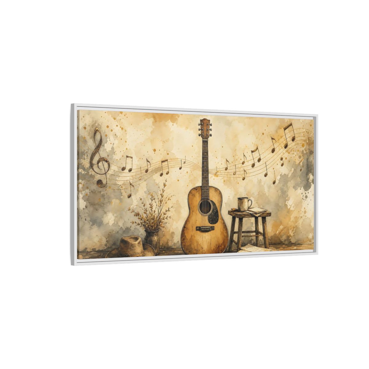 Side Mockup 3. Acoustic Guitar & Sheet Music shown as framed canvas print
