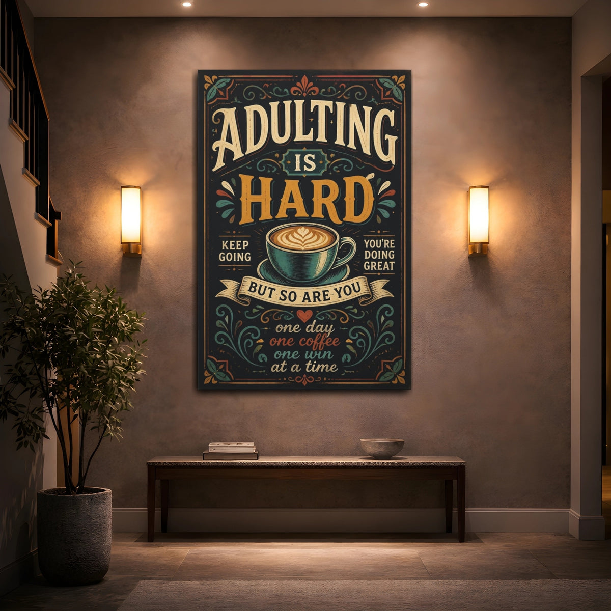 Mockup 2. Adulting Coffee Quote shown as canvas print
