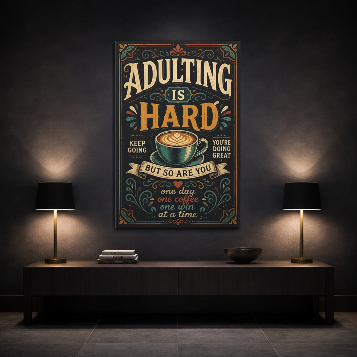 Mockup 3. Adulting Coffee Quote shown as canvas print