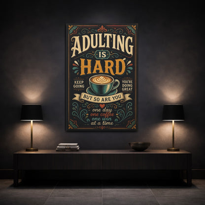 Mockup 3. Adulting Coffee Quote shown as canvas print