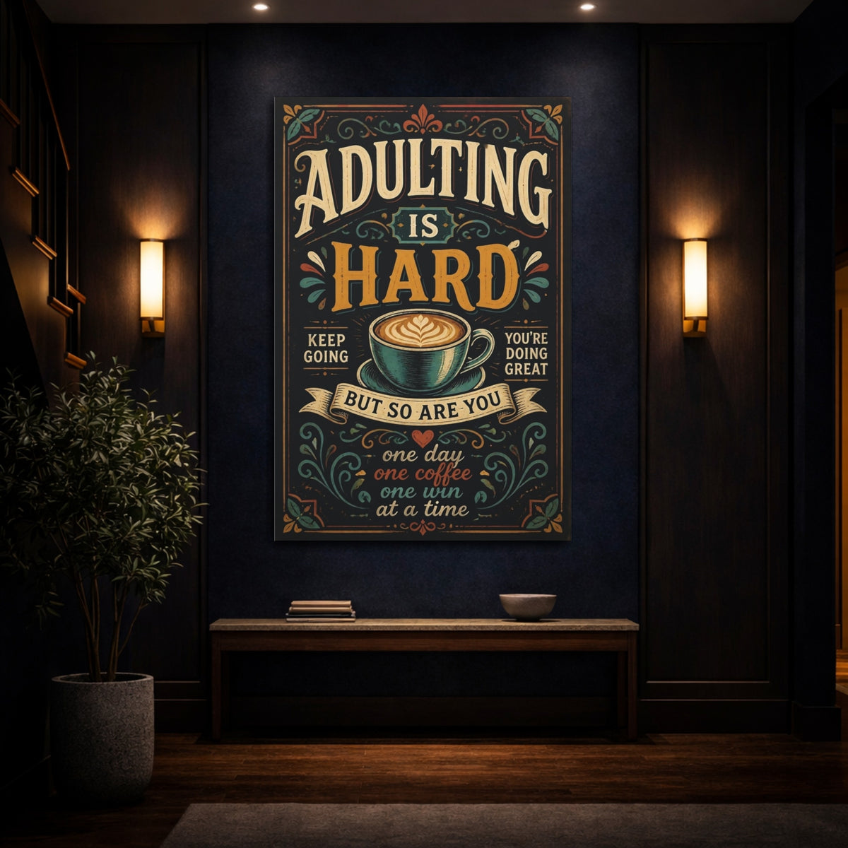 Mockup 4. Adulting Coffee Quote shown as canvas print