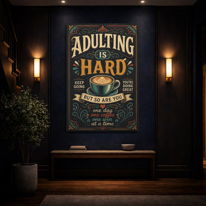 Mockup 4. Adulting Coffee Quote shown as canvas print