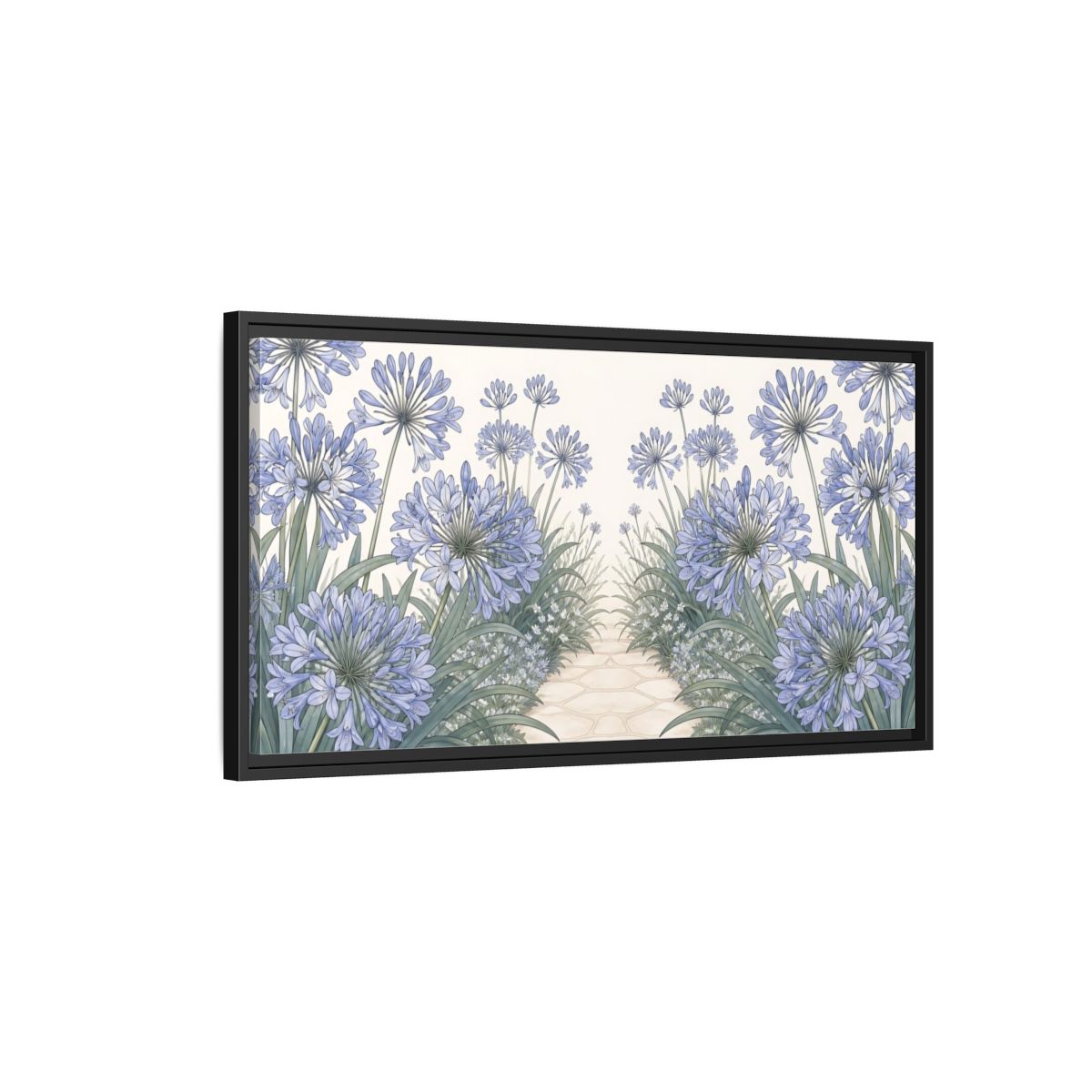 Side Mockup 2. Agapanthus Garden Path shown as framed canvas print