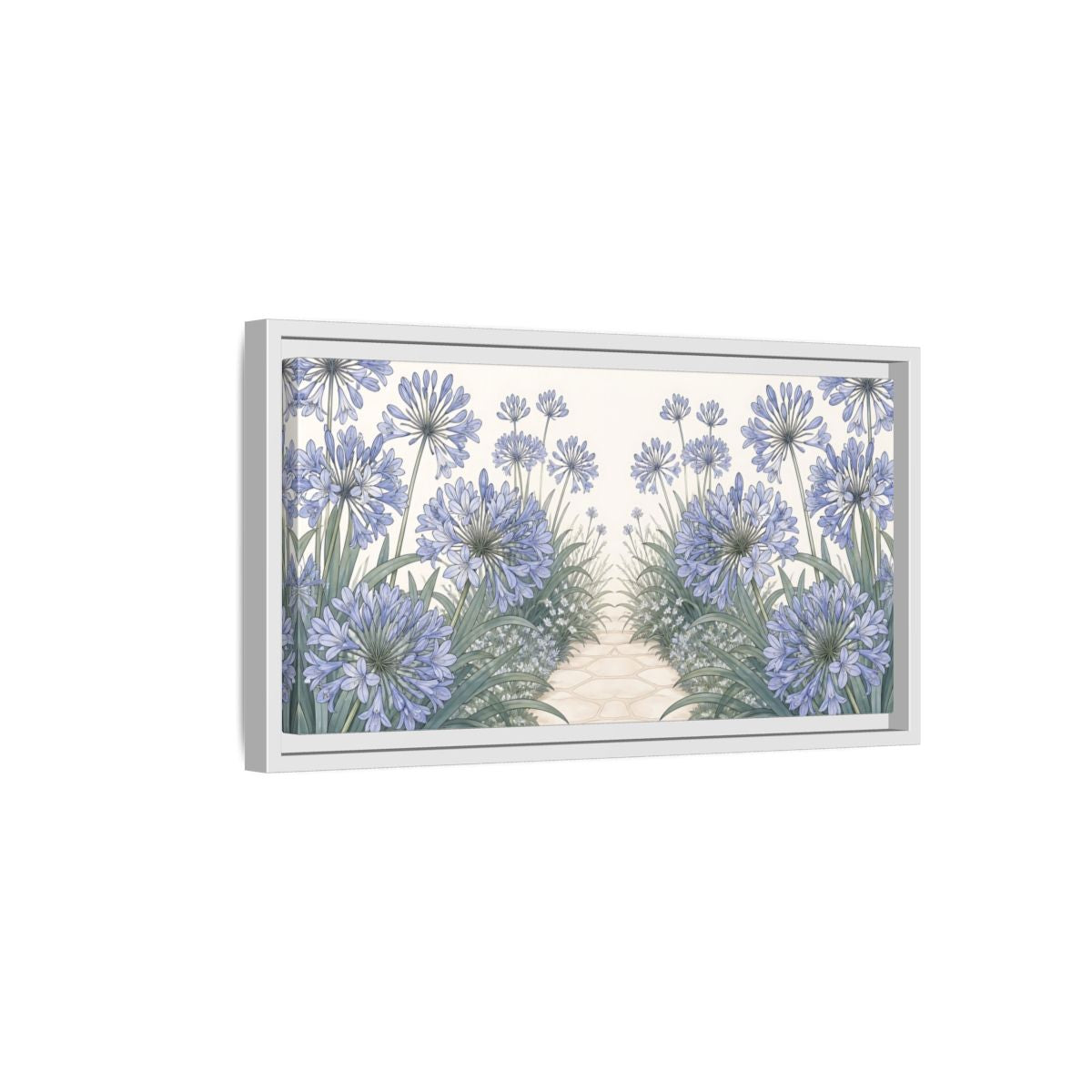 Side Mockup 6. Agapanthus Garden Path shown as framed canvas print
