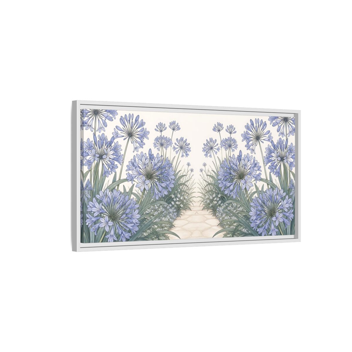 Side Mockup 1. Agapanthus Garden Path shown as framed canvas print