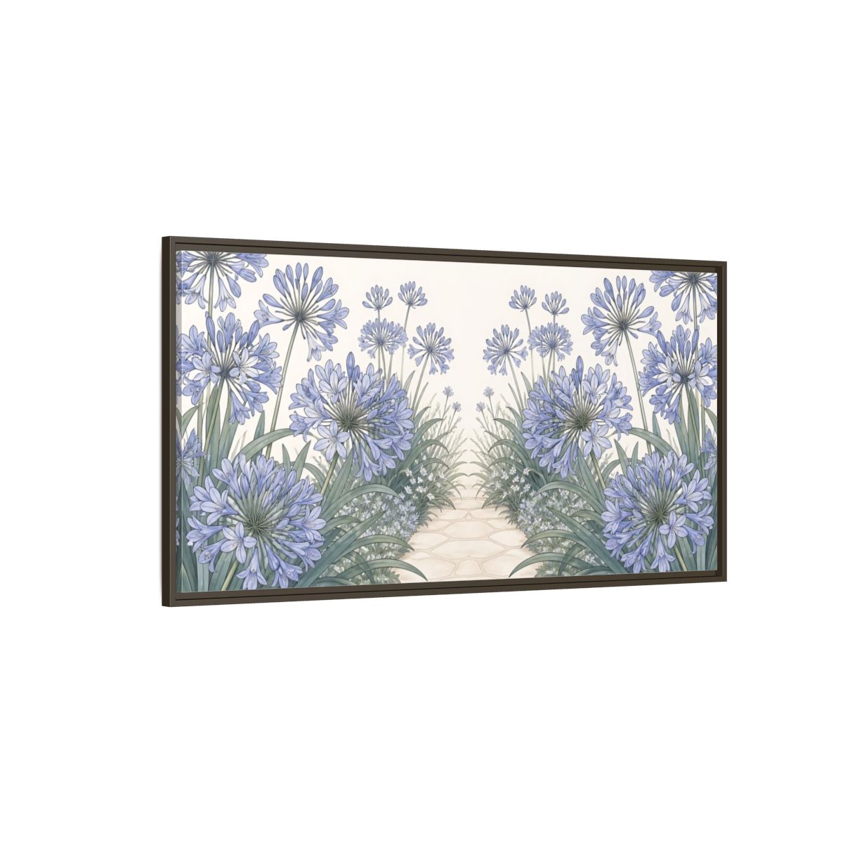 Side Mockup 4. Agapanthus Garden Path shown as framed canvas print
