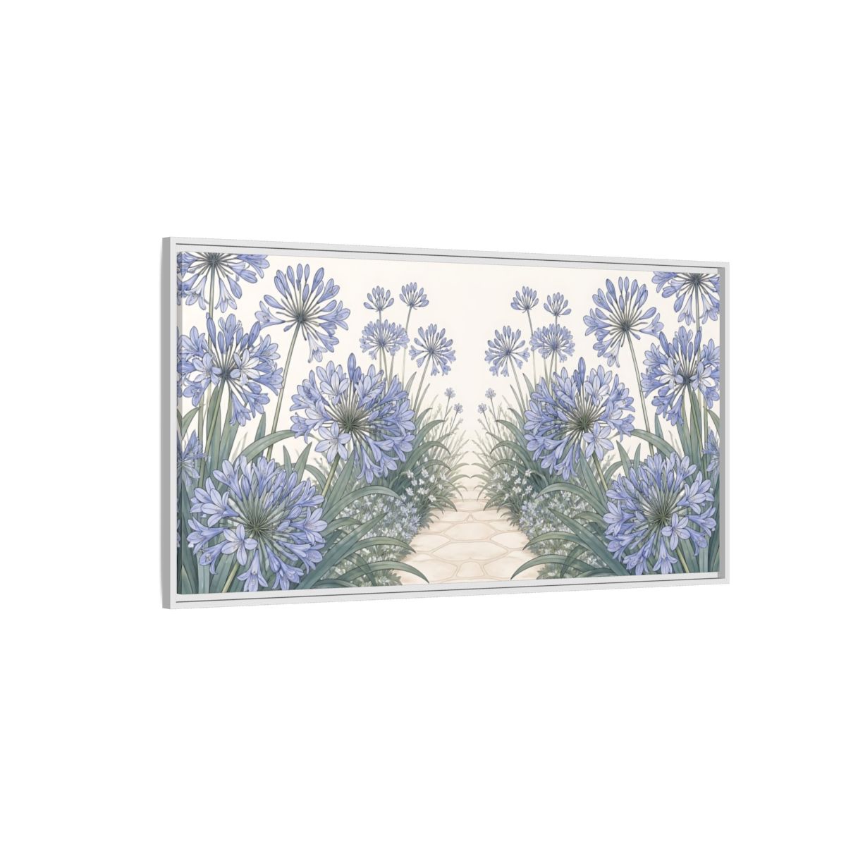 Side Mockup 3. Agapanthus Garden Path shown as framed canvas print