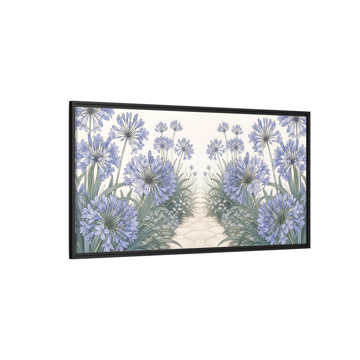 Side Mockup 5. Agapanthus Garden Path shown as framed canvas print