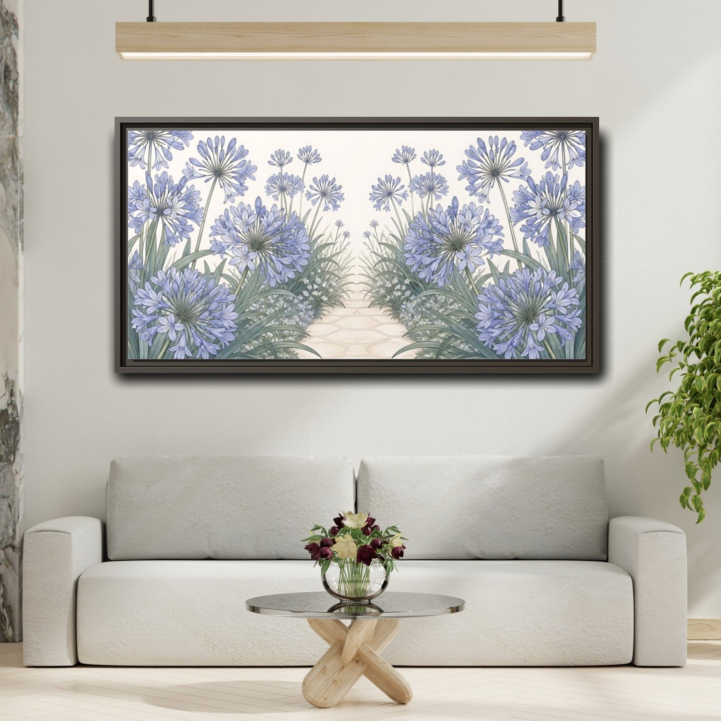 Mockup 2. Agapanthus Garden Path shown as framed canvas print