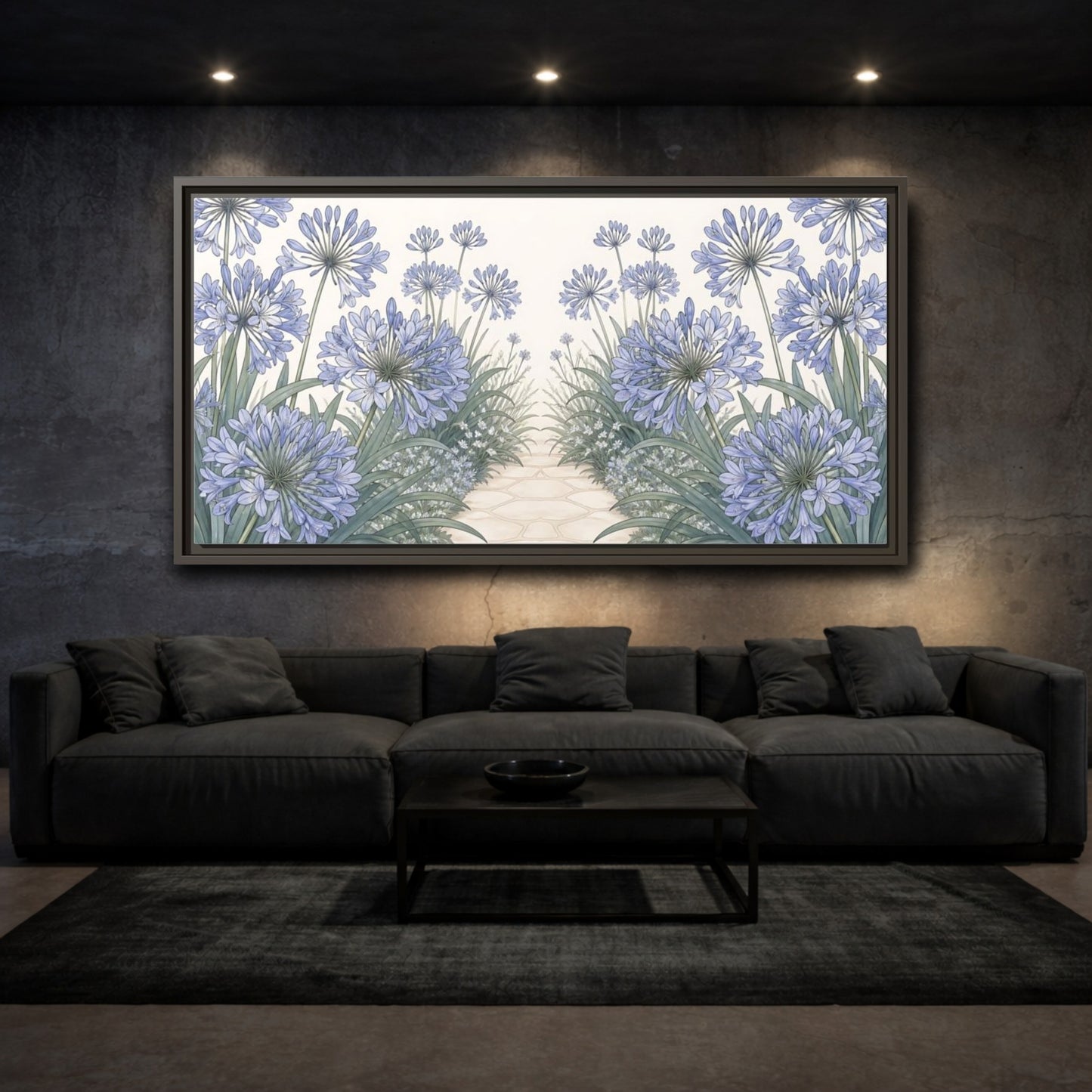Mockup 3. Agapanthus Garden Path shown as framed canvas print