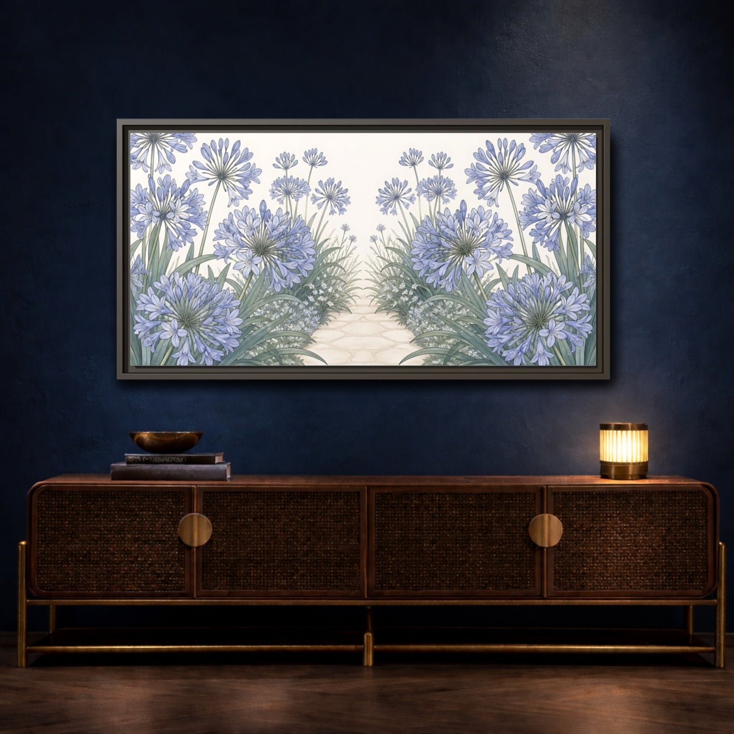 Mockup 4. Agapanthus Garden Path shown as framed canvas print