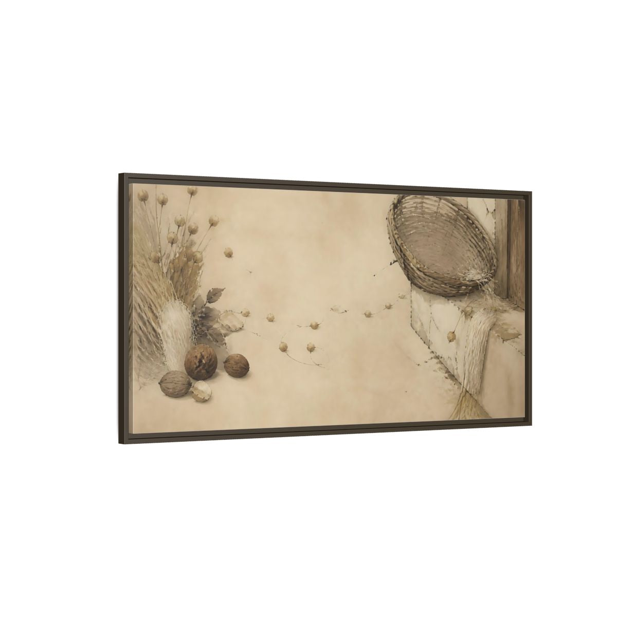 Side Mockup 4. Aged Basket On Threshold shown as framed canvas print