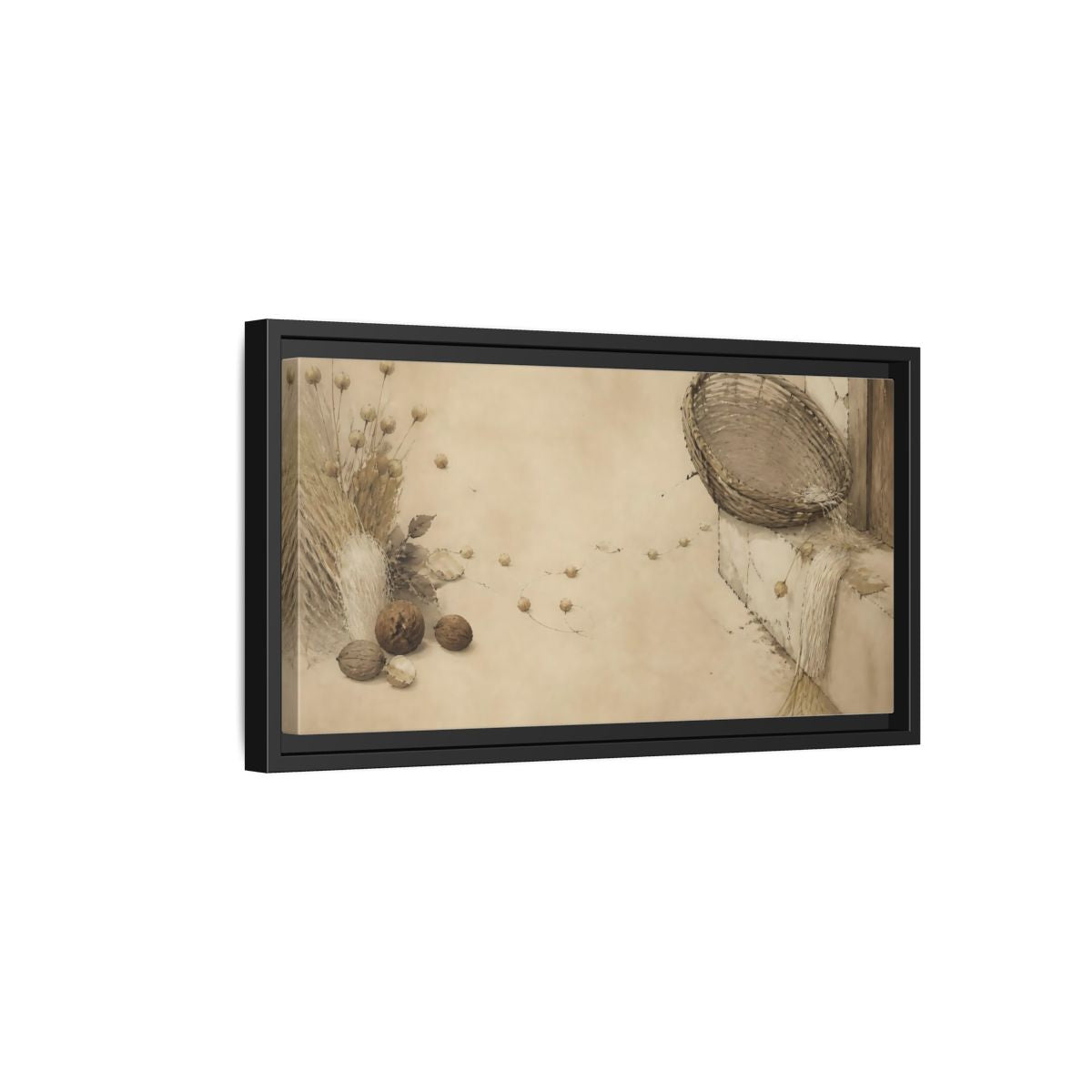 Side Mockup 8. Aged Basket On Threshold shown as framed canvas print