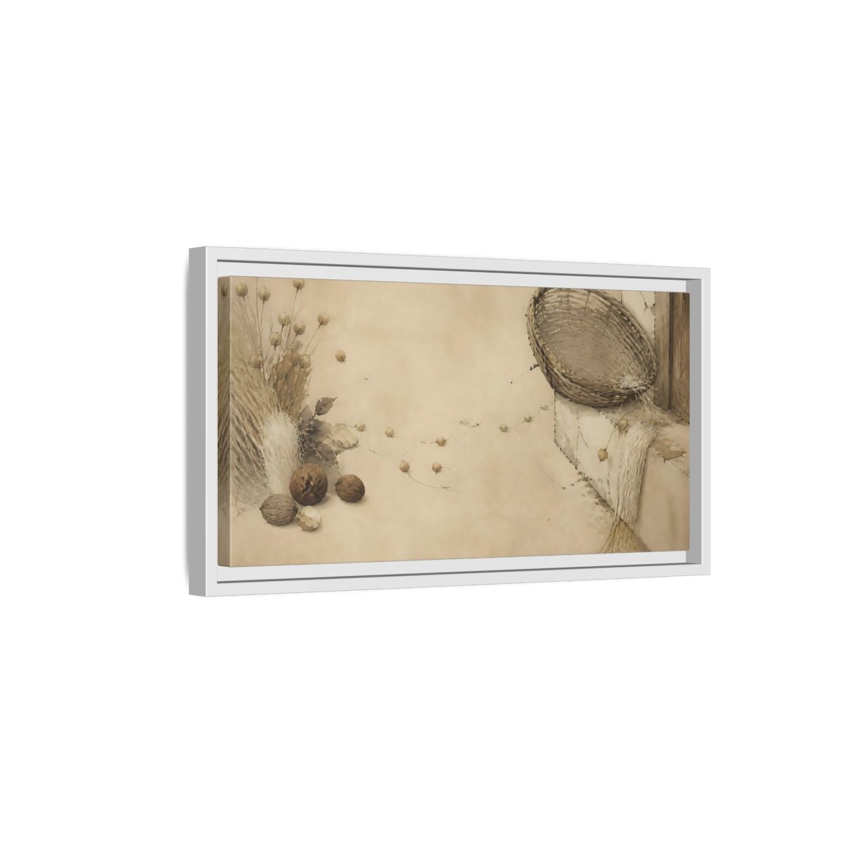 Side Mockup 6. Aged Basket On Threshold shown as framed canvas print