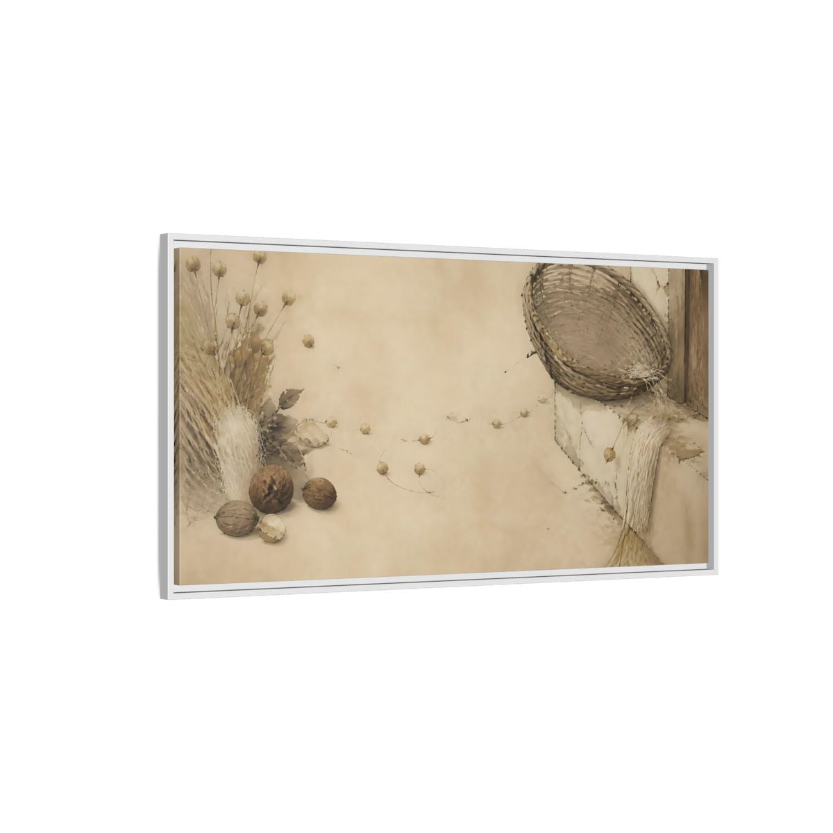 Side Mockup 3. Aged Basket On Threshold shown as framed canvas print