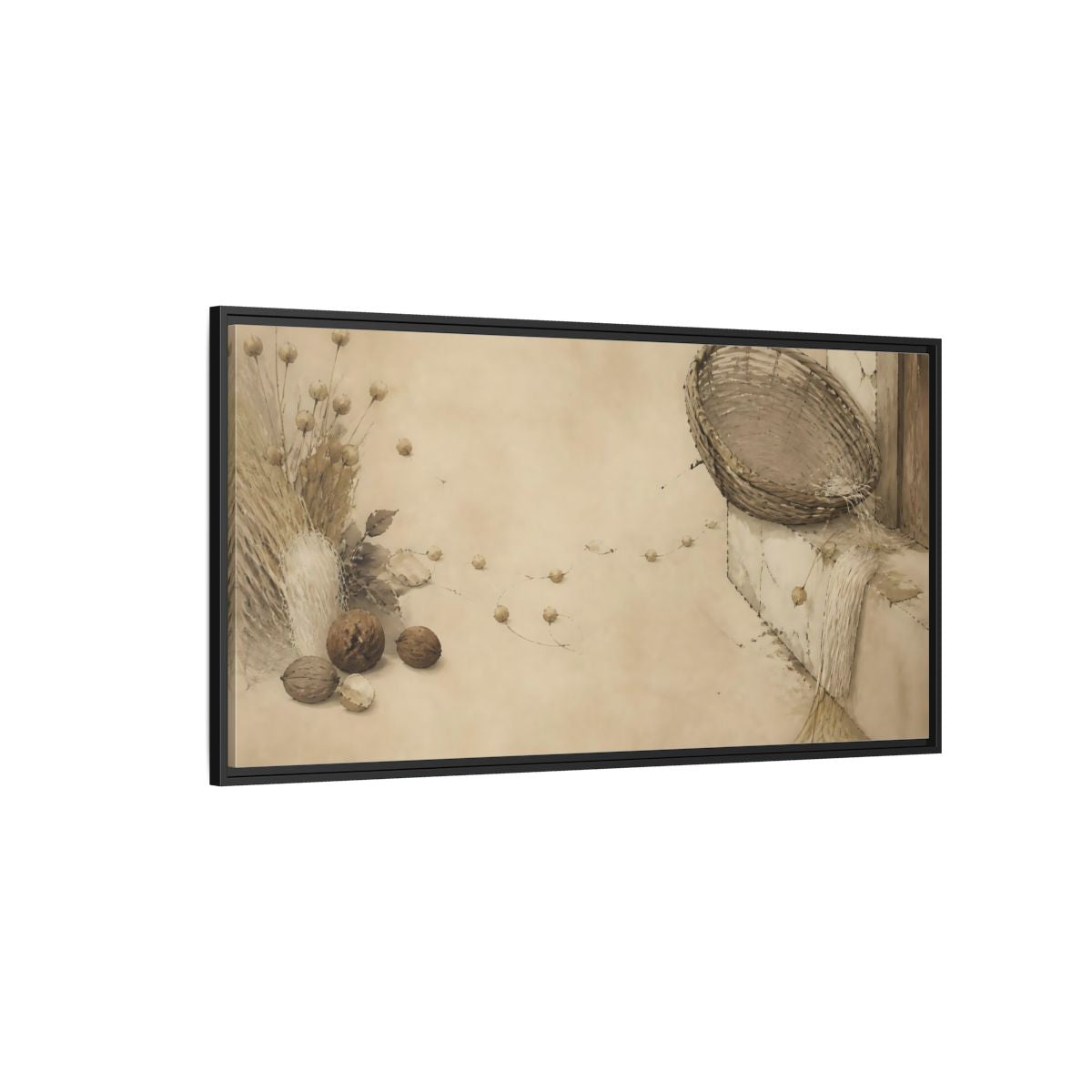 Side Mockup 5. Aged Basket On Threshold shown as framed canvas print