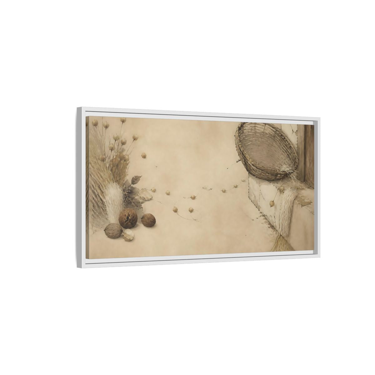 Side Mockup 1. Aged Basket On Threshold shown as framed canvas print