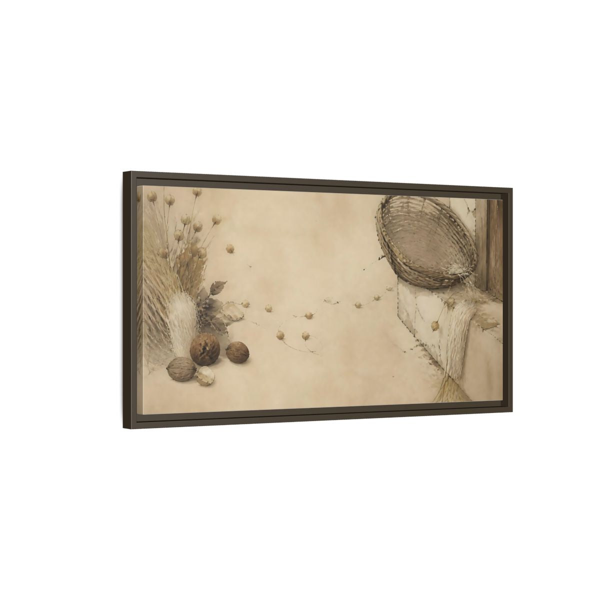 Main Mockup. Aged Basket On Threshold shown as framed canvas print