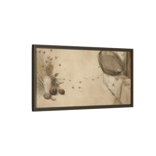 Main Mockup. Aged Basket On Threshold shown as framed canvas print