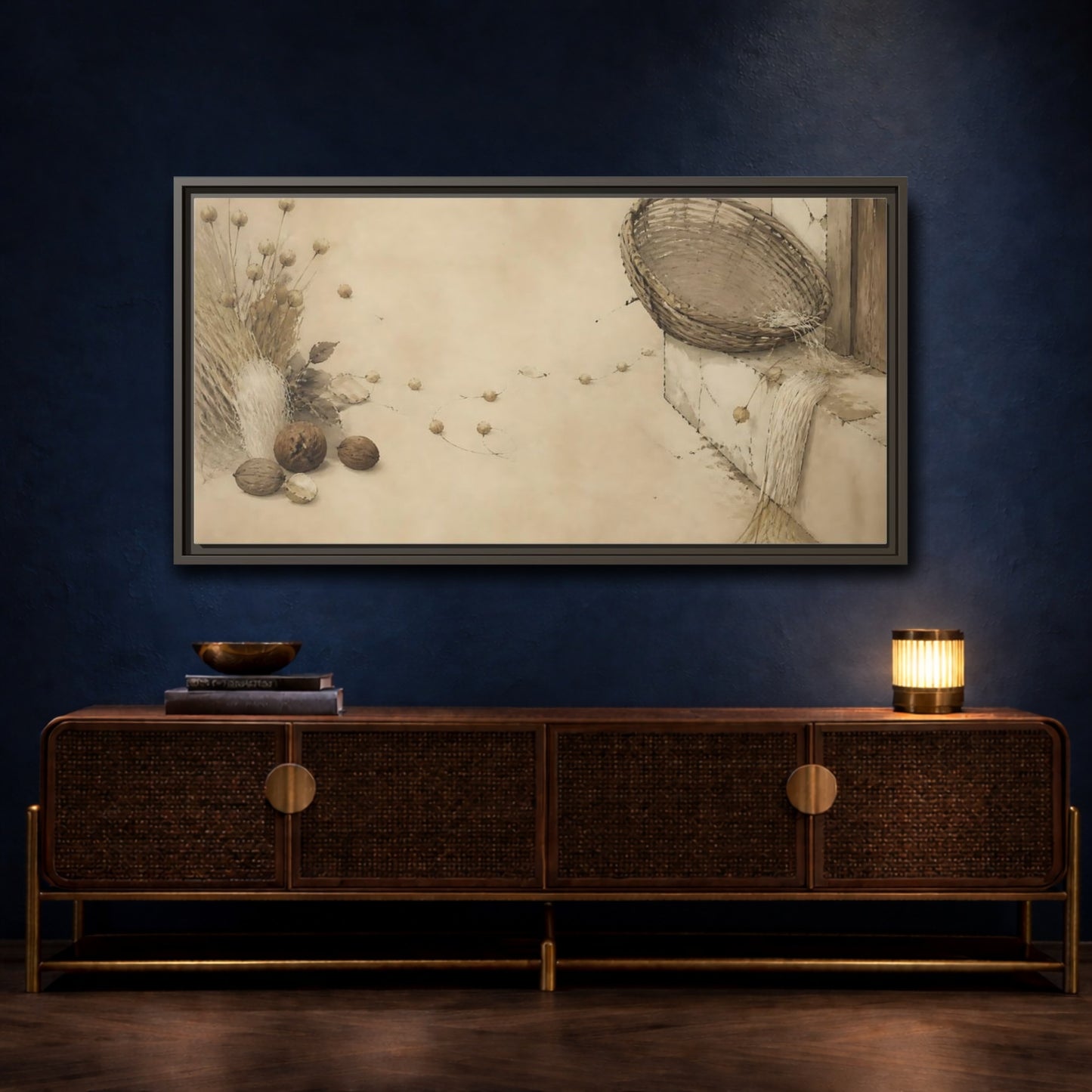 Mockup 4. Aged Basket On Threshold shown as framed canvas print