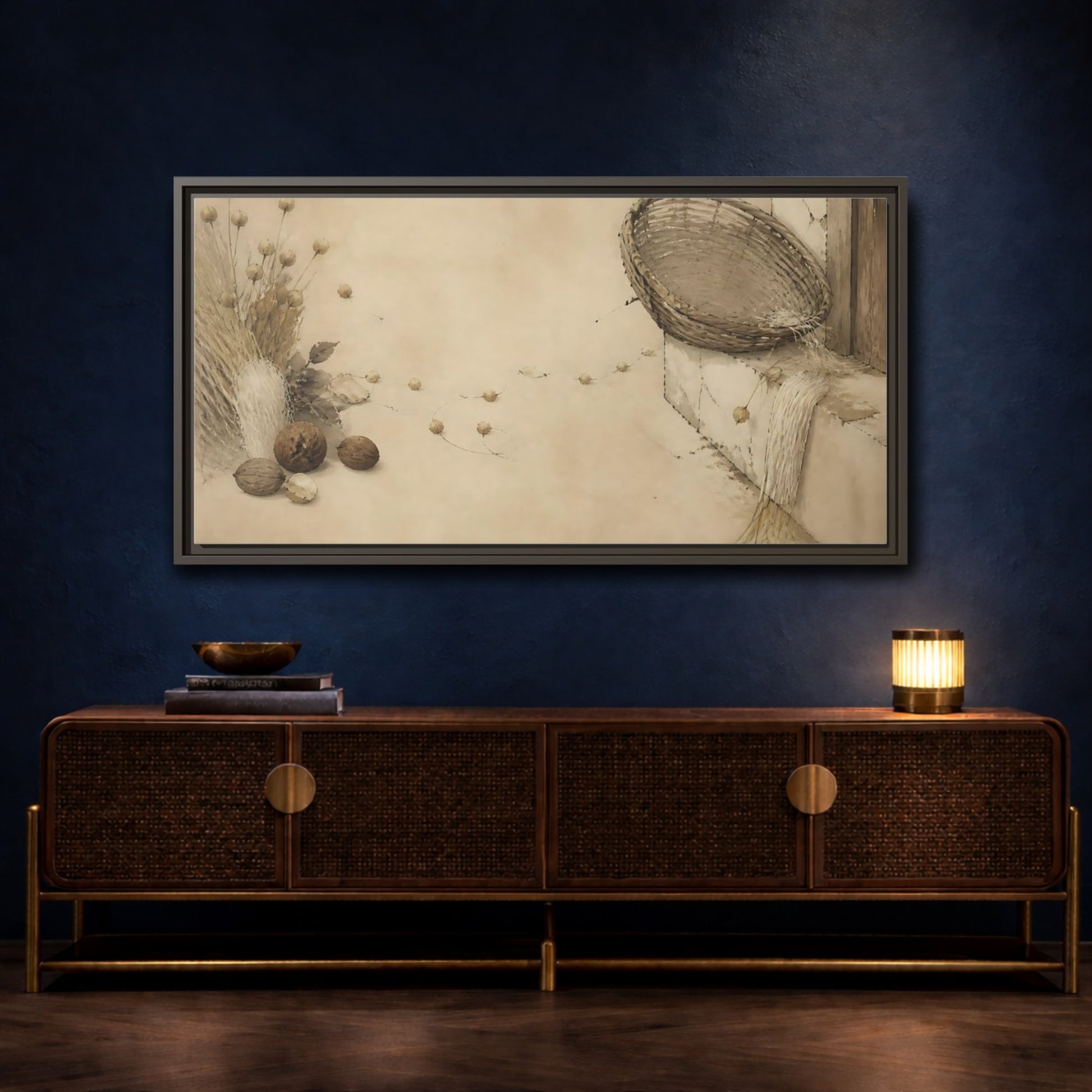 Mockup 4. Aged Basket On Threshold shown as framed canvas print