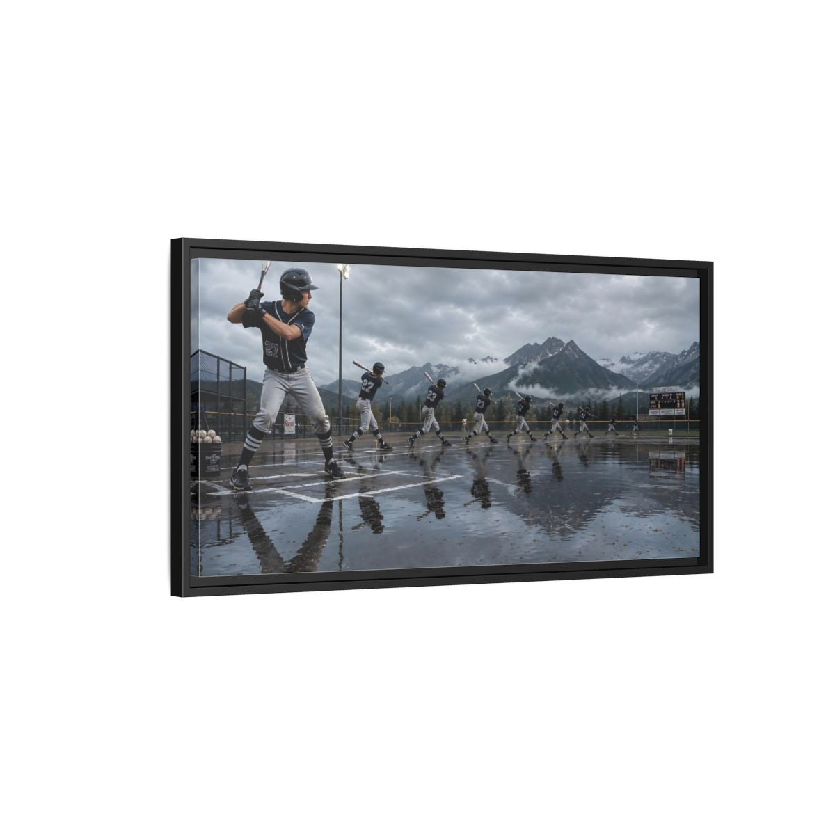 Side Mockup 2. Alpine Baseball Swing shown as framed canvas print