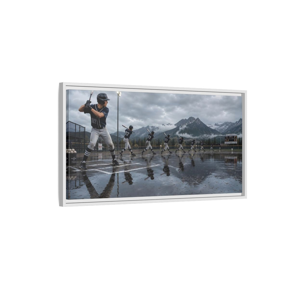 Side Mockup 1. Alpine Baseball Swing shown as framed canvas print