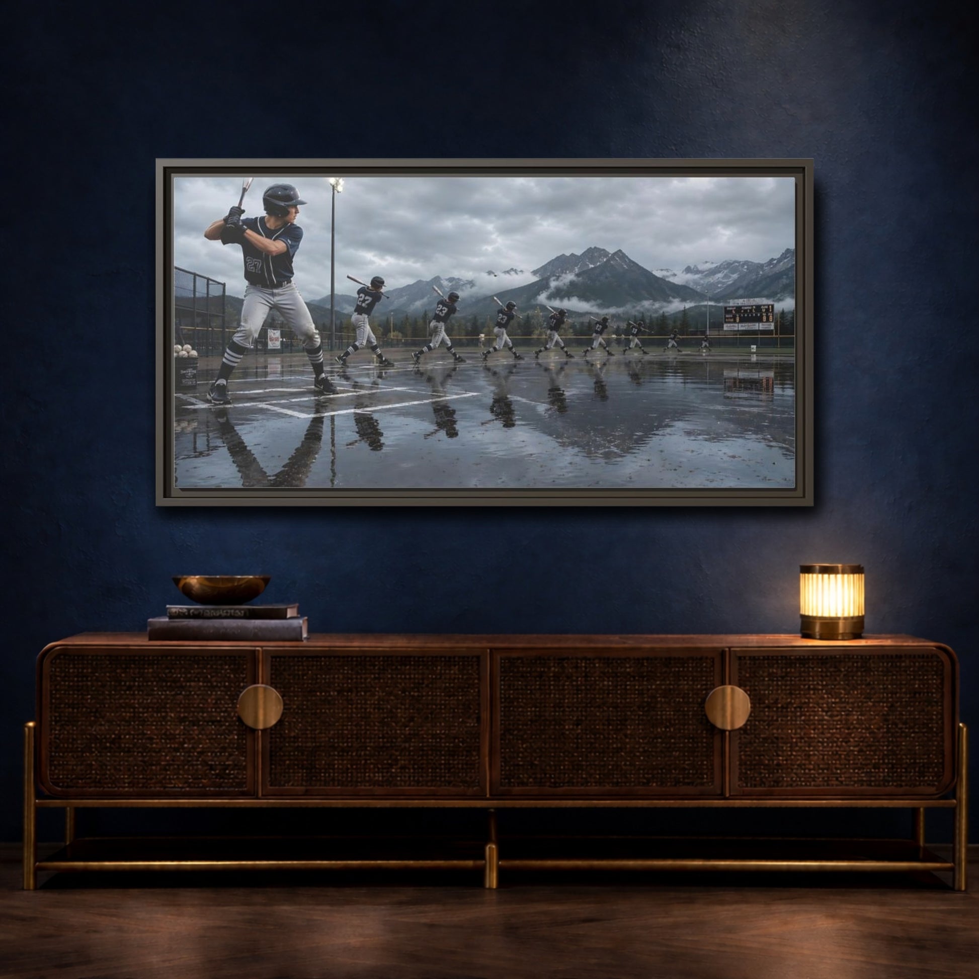 Mockup 4. Alpine Baseball Swing shown as framed canvas print