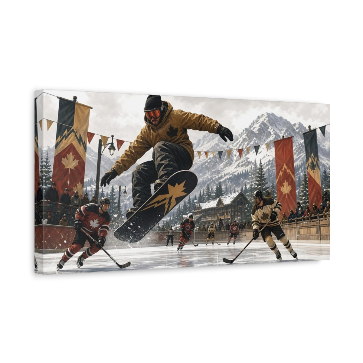 Side Mockup 3. Alpine Hockey Action shown as canvas print
