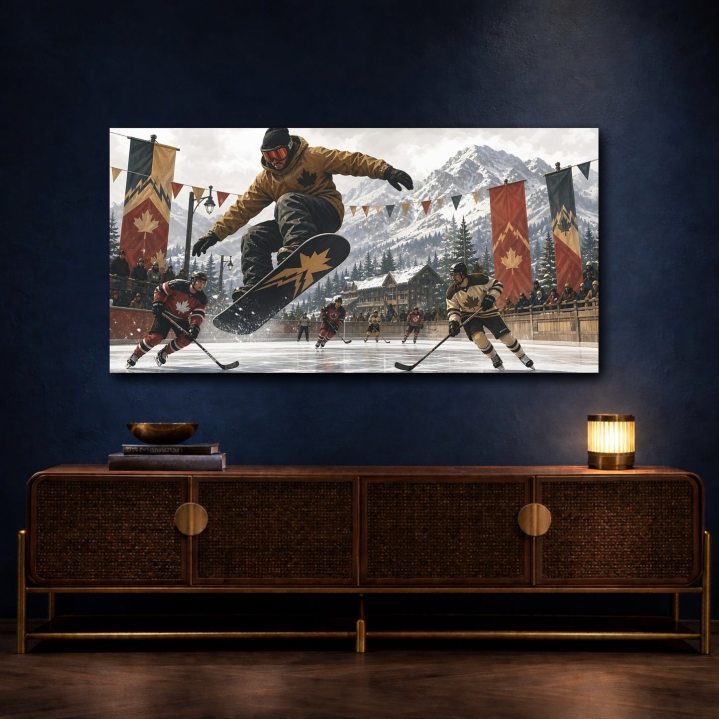 Mockup 4. Alpine Hockey Action shown as canvas print