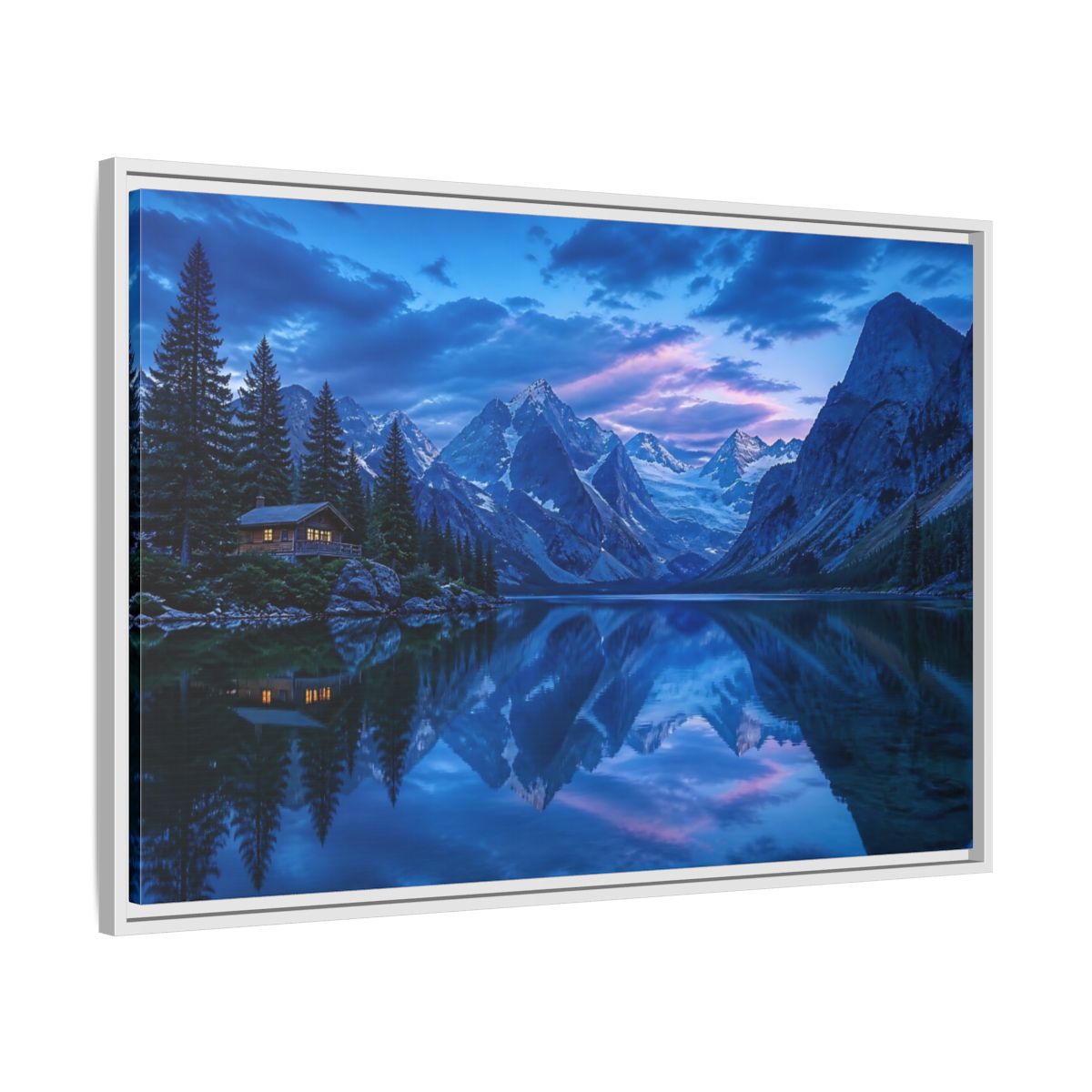 Side Mockup 9. Alpine Lake Cabin At Dusk shown as framed canvas print