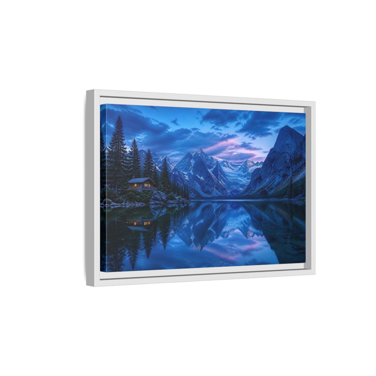 Side Mockup 4. Alpine Lake Cabin At Dusk shown as framed canvas print