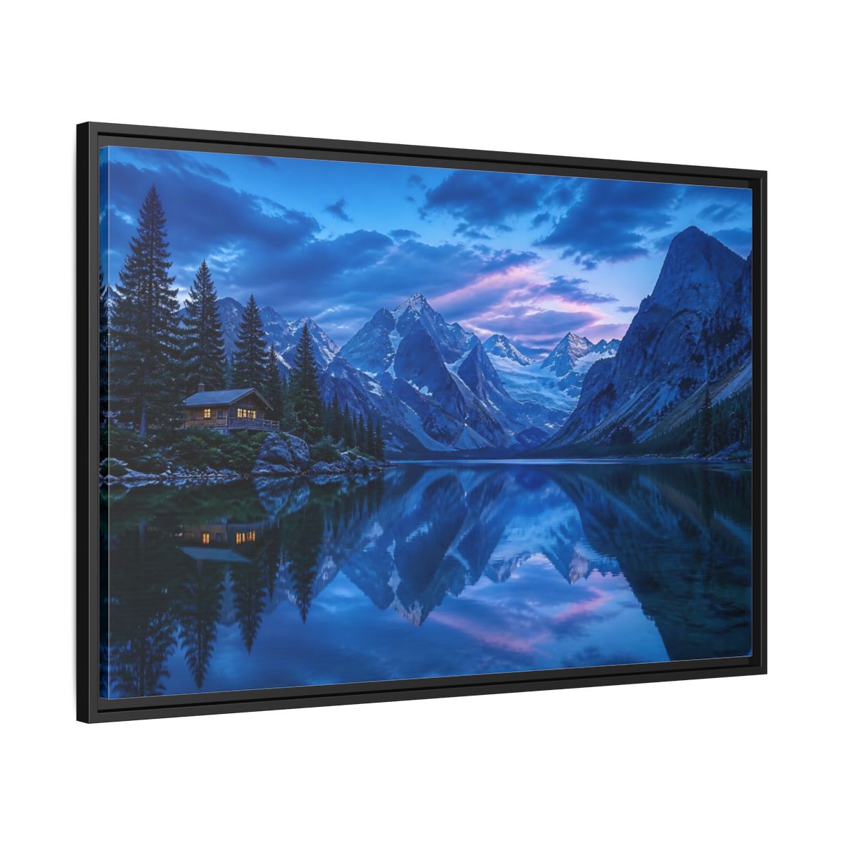 Side Mockup 13. Alpine Lake Cabin At Dusk shown as framed canvas print