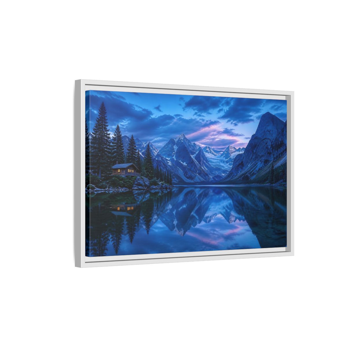 Side Mockup 1. Alpine Lake Cabin At Dusk shown as framed canvas print